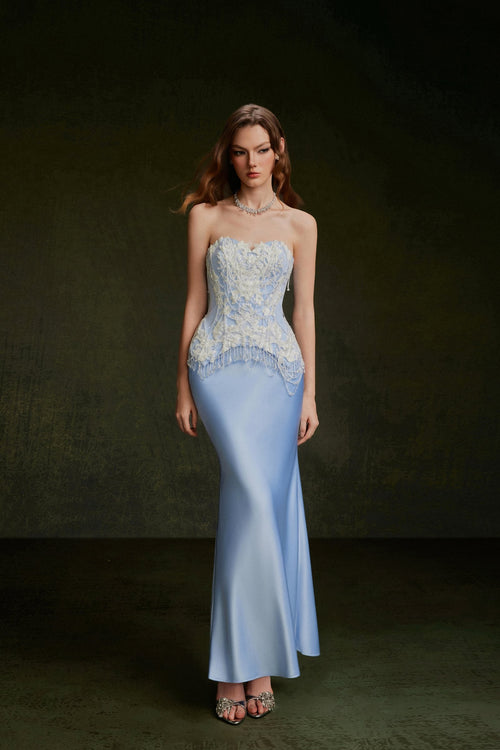 Vontier de Montier Bedazzled Crystals Corset and Opal Satin Skirt Set Ice Blue