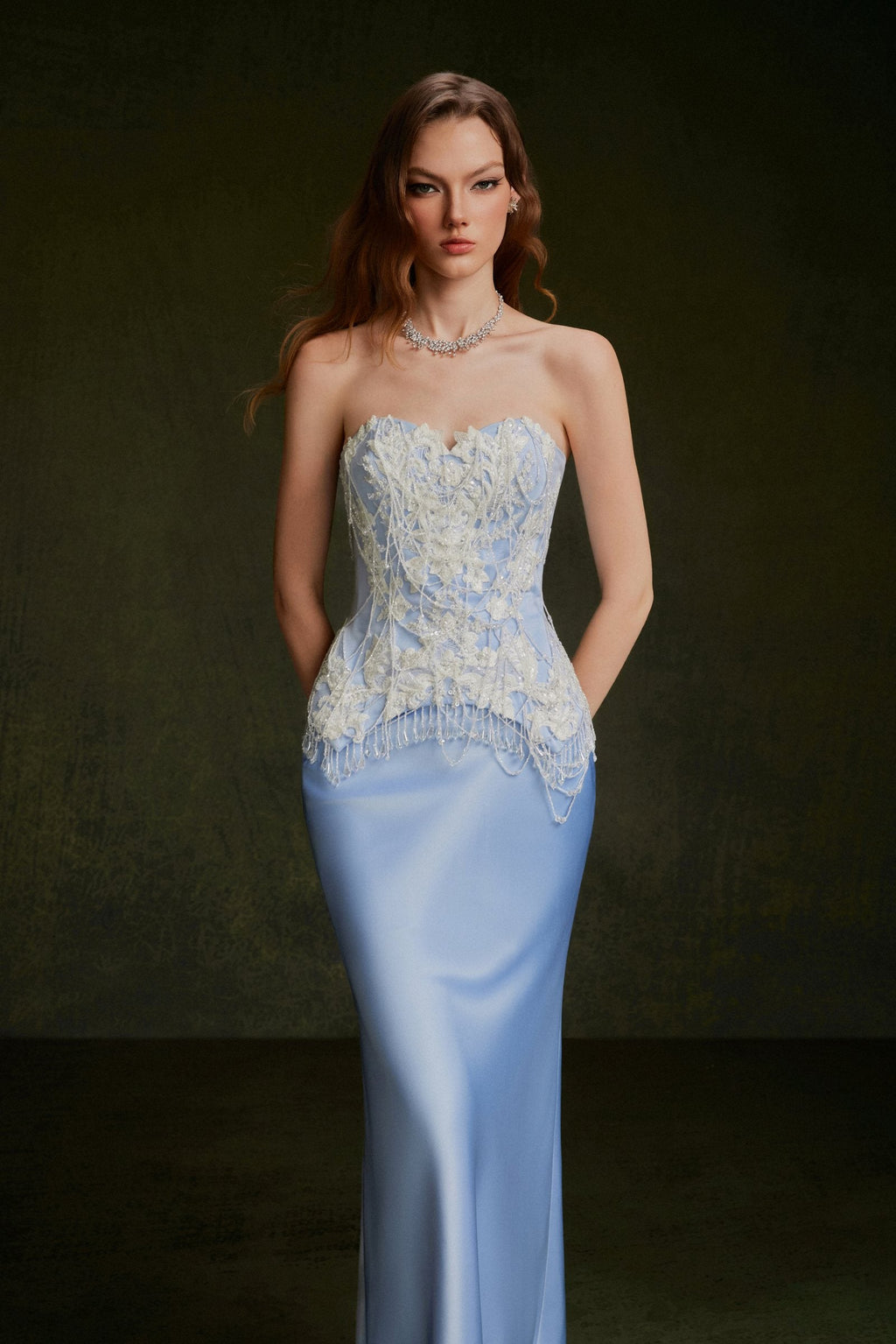 Vontier de Montier Bedazzled Crystals Corset and Opal Satin Skirt Set Ice Blue