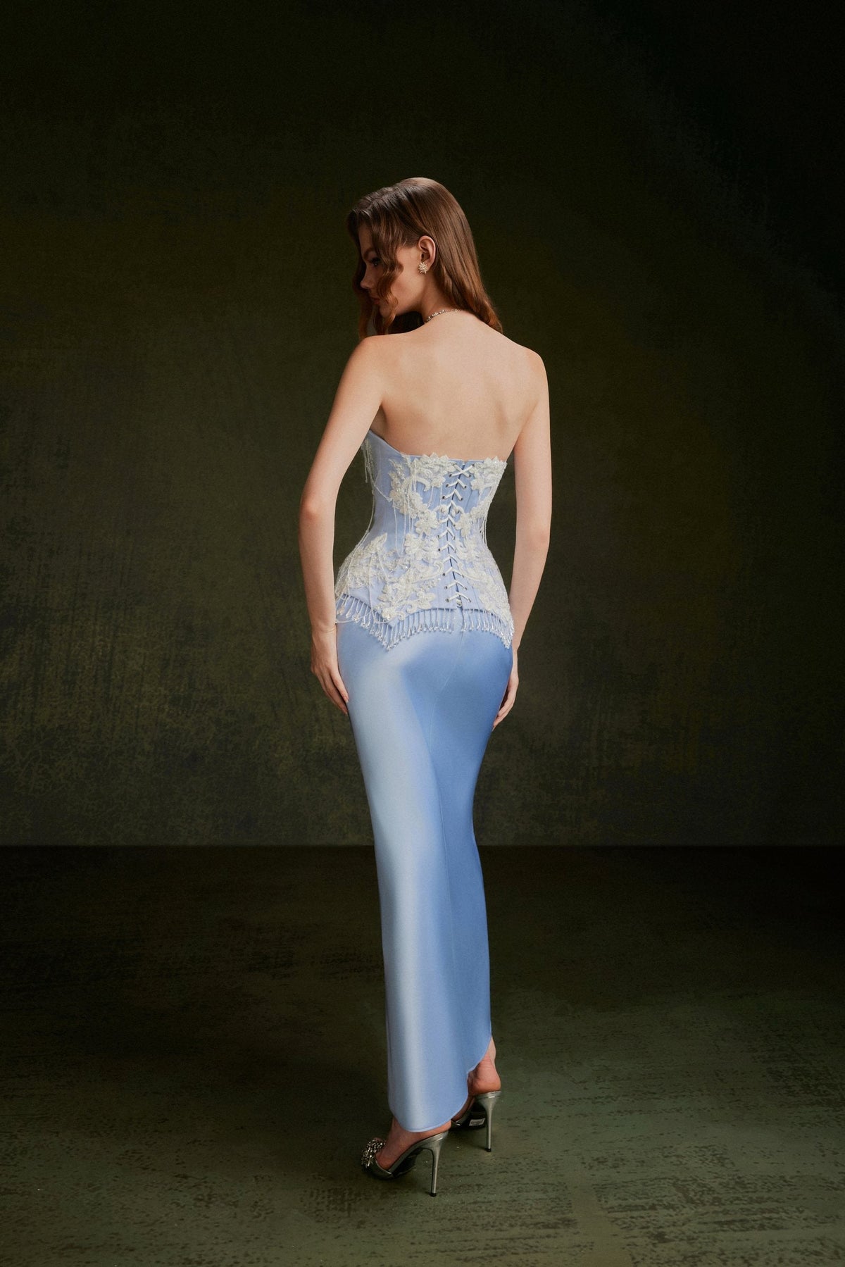 Vontier de Montier Bedazzled Crystals Corset and Opal Satin Skirt Set Ice Blue